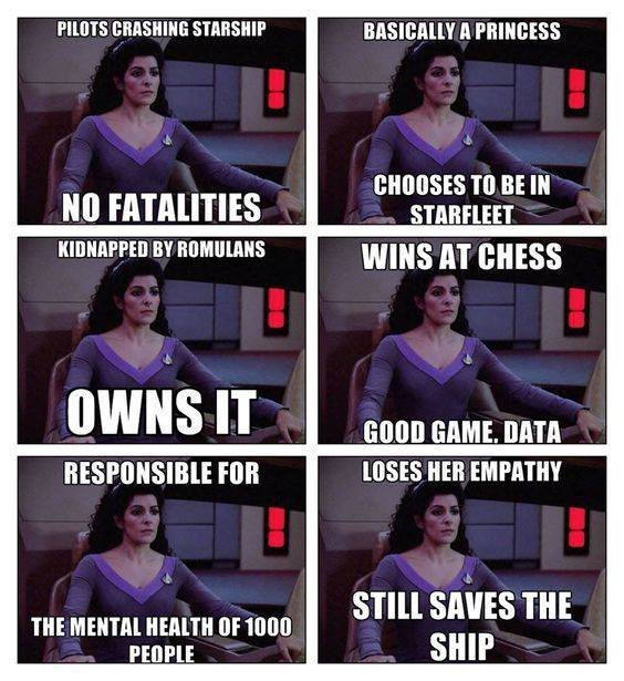 This meme is a humorous comparison of the skills and accomplishments of a "Star Trek" character, Captain Jean-Luc Picard, and a fictional character, Data, from the same franchise. The text in the image reads: "Captain Jean-Luc Picard: I've explored the galaxy, saved the universe, and got a girl to love me. Data: I've been a prisoner of war, been kidnapped by aliens, and been forced to play poker with a bunch of Klingons."